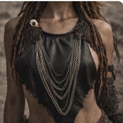 1 Sexy Leather and Chains Bib Necklace Bird Skull Wings Apocalyptic