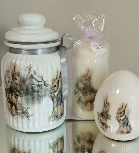 Handmade Beautiful Bunnies egg, candle and jar