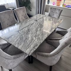 Luxury polished marble table and 6 crushed velvet chairs