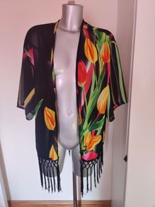 Black floral fringe cover up size UK14 EU42 Postage included