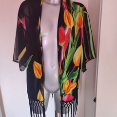 Black floral fringe cover up size UK14 EU42 Postage included