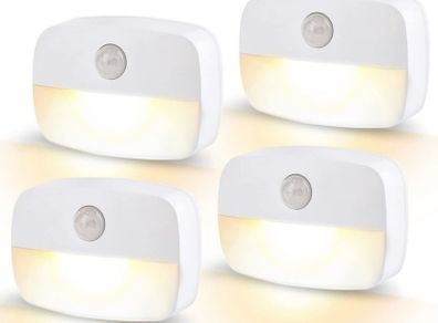 LED Motion Sensor Night Light, [4 Pack] Stick-On Night Light by Battery Powered, Stair Sensor Lights Indoors, Auto/ON/Off Light for Toilet, Hallway, Closet, Kitchen, Children's Room, Warm White light (FREE POSTAGE)