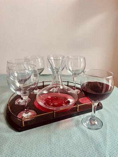 Vintage Wine Decanter Set 6 Large Goblets Brass Gallery Wood Tray