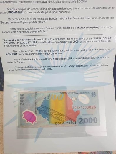 Romania 2000 lei ECLIPSE 1999 in original folder