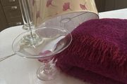 4 pieces- Avoca Mohair Wool Magenta Throw, Jerpoint Pedestal / Footed Bowl, Cut Glass Pillar Lamp with Brand New Sanderson Drum Shade - all are perfect together