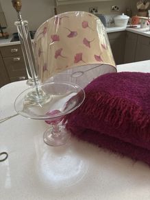 4 pieces- Avoca Mohair Wool Magenta Throw, Jerpoint Pedestal / Footed Bowl, Cut Glass Pillar Lamp with Brand New Sanderson Drum Shade - all are perfect together