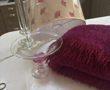 4 pieces- Avoca Mohair Wool Magenta Throw, Jerpoint Pedestal / Footed Bowl, Cut Glass Pillar Lamp with Brand New Sanderson Drum Shade - all are perfect together