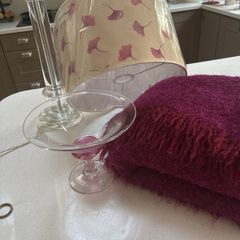 4 pieces- Avoca Mohair Wool Magenta Throw, Jerpoint Pedestal / Footed Bowl, Cut Glass Pillar Lamp with Brand New Sanderson Drum Shade - all are perfect together