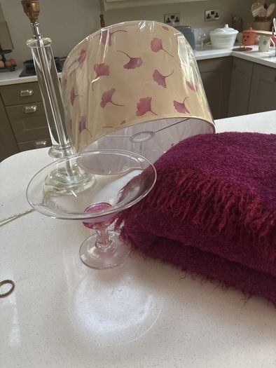4 pieces- Avoca Mohair Wool Magenta Throw, Jerpoint Pedestal / Footed Bowl, Cut Glass Pillar Lamp with Brand New Sanderson Drum Shade - all are perfect together