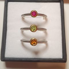 New beautiful trilogy ring sterling silver gold plated and real stones/ruby, peridot, citrine/ size R