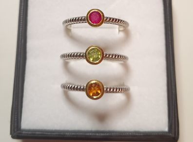 New beautiful trilogy ring sterling silver gold plated and real stones/ruby, peridot, citrine/ size R