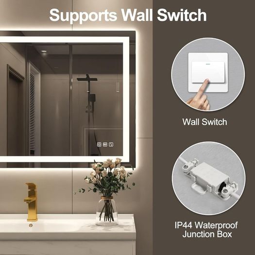 LED Bathroom Mirror Demister Bluetooth Speakers 80x60cm Touch Switch Bright Light Memory Function