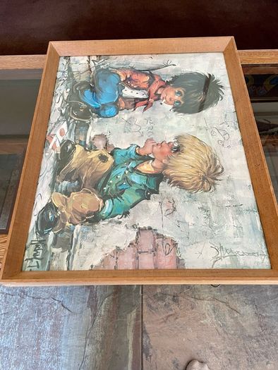 Vintage Teak Framed Certified Art print behind Glass Big Eye Art The Dropouts by Michael Thomas 1969