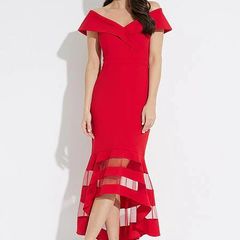 Joseph Ribkoff Drop Shoulder Dual Fabric Red Sheer Panelled Dress SIZE 14
