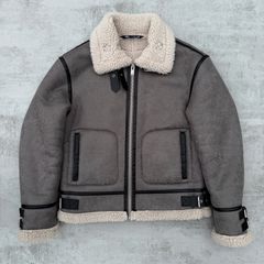 Grey Zara Shearling Bomber Aviator Jacket