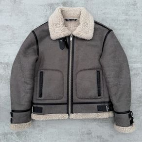 Grey Zara Shearling Bomber Aviator Jacket