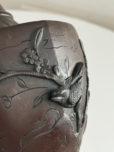 Antique Japanese Meiji Period Bronze Vase (High Relief Birds & Blossoms)  c.1890 to 1910
