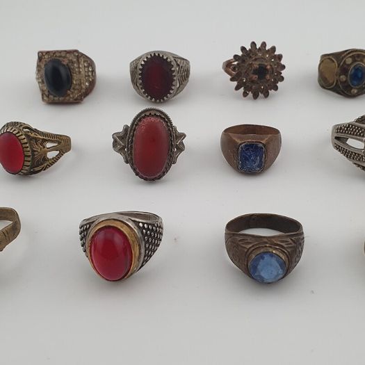 15 Antique Style Brass Rings Mixed Stone & Colourful Glass Accents