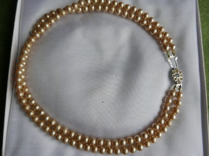 Vintage ART DECO champagne glass pearl hand knotted 2 rows necklace
