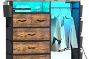 5 Drawer Dresser with Clothes Rail LED Lights Charging Station Storage Chest with Side Pockets and Wood Top for Bedroom Nursery or Hallway (Rustic Brown)