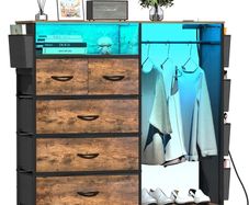 5 Drawer Dresser with Clothes Rail LED Lights Charging Station Storage Chest with Side Pockets and Wood Top for Bedroom Nursery or Hallway (Rustic Brown)