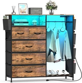 5 Drawer Dresser with Clothes Rail LED Lights Charging Station Storage Chest with Side Pockets and Wood Top for Bedroom Nursery or Hallway (Rustic Brown)