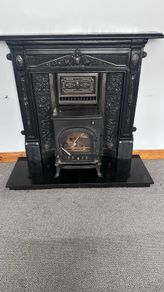 Vintage Style Cast Iron Fireplace Surround, Insert, Hearth & Wood-Burning Stove Package