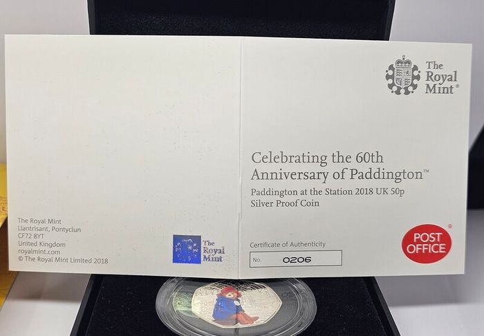 Royal Mint 2018 Silver Proof 50p Fifty Pence Paddington at the Station Coin in Original Holder with COA