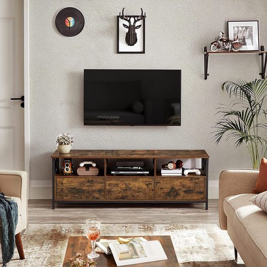 Lowboard TV Cabinet for TVs up to 65 Inches, 3 Drawers, 147 x 40 x 50 cm, Industrial Design, Steel Frame, Vintage Brown/Black