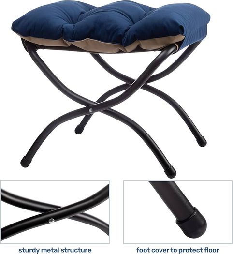 Foldable Footstool Foot Rest Stool Folding Footstools for Living Room Garden Balcony Velvet Leg Rest Sofa Small Ottoman with Metal Legs, Dark Blue