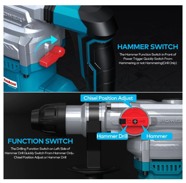 ENEACRO SDS-Plus Hammer Drill, 1500 W 6 Joule Demolition Hammer 6 Variable Speed 0-920 rpm with 4 Functions, Anti-Vibration Handle