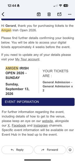 Irish Open - Sunday Tickets - 13th September X2 Two Tickets