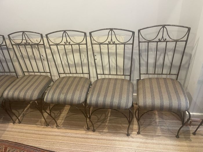 Handmade wrought iron dining chairs with silk seats x 6