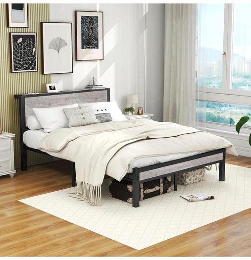 Double Bed Frame Storage Wooden Headboard Metal Platform Grey wood headboard storage shelf. Sturdy metal platform frame, no box spring needed. Quiet strong legs. for master bedroom