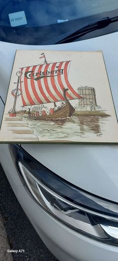 Pat liddy ,irish artist, historian,,1988 Carslberg viking ship Dublin port advertising  art picture,,see picture for condition ,sold as seen .