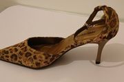 Ladies Leopard Print Gold Shimmer High Heel Shoes Size UK3 EU36 Ankle Strap CAN POST