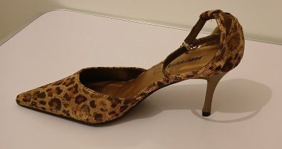 Ladies Leopard Print Gold Shimmer High Heel Shoes Size UK3 EU36 Ankle Strap CAN POST