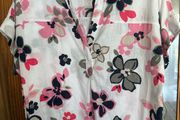 White floral pure linen short sleeve blouse size UK16 EU44 Postage included