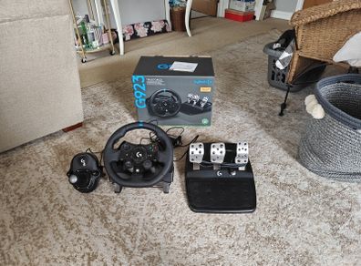 Logitech G923 Wheel with pedals and shifter.