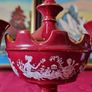 3 Piece Vintage Elegant Italian Fiorentine Lustre Ruby Red Gold Gilt Footed Lidded Compote And Vases Set Image 8