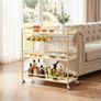 Bar Cart, 3 Tiers Home Kitchen Serving Carts, Modern Rolling Utility Station on Wheels, Mobile Drink Beverage Trolley with Wooden Shelf, Wine Rack, and Glass Holder, 910x330x935mm, Gold Image 8