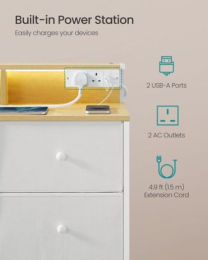 Chest of Drawers Bedroom With Charging Station, Steel Frame 9 Fabric Drawers and LED Lights