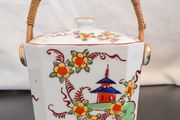 Vintage Kireina Japanese Porcelain Biscuit Barrel with Wicker Handle