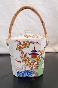 Vintage Kireina Japanese Porcelain Biscuit Barrel with Wicker Handle