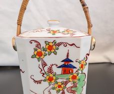 Vintage Kireina Japanese Porcelain Biscuit Barrel with Wicker Handle