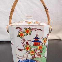 Vintage Kireina Japanese Porcelain Biscuit Barrel with Wicker Handle