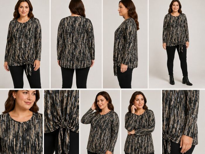Abstract Print Long Sleeve Tie-Side Blouse  Black, Beige & Grey