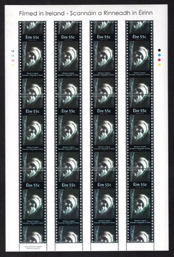 2008 Ireland Filmed in Ireland Commemorative Stamp Sheetlet Plate 1B1B1B1B Mint Never Hinged (MNH). Stamps depict 55c Brid Ni Neachtain, Colm Meaney, 82c Pat Shortt & Cilian Murphy.