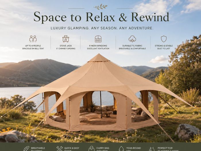 5m Canvas Bell Tent Luxury Glamping Tent with Stove Jack, 8 Mesh Windows & Year-Round Camping Shelter