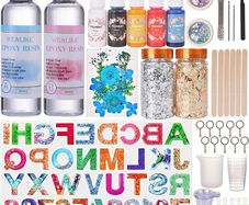 Resin Kit,Resin Kits for Beginners with Alphabet Moulds,Resin,Pigments,Dried Flowers,Gold Foil Flakes,Chunky Glitter,Hand Drill and Accessories for Resin Keyring Making (FREE POSTAGE)
